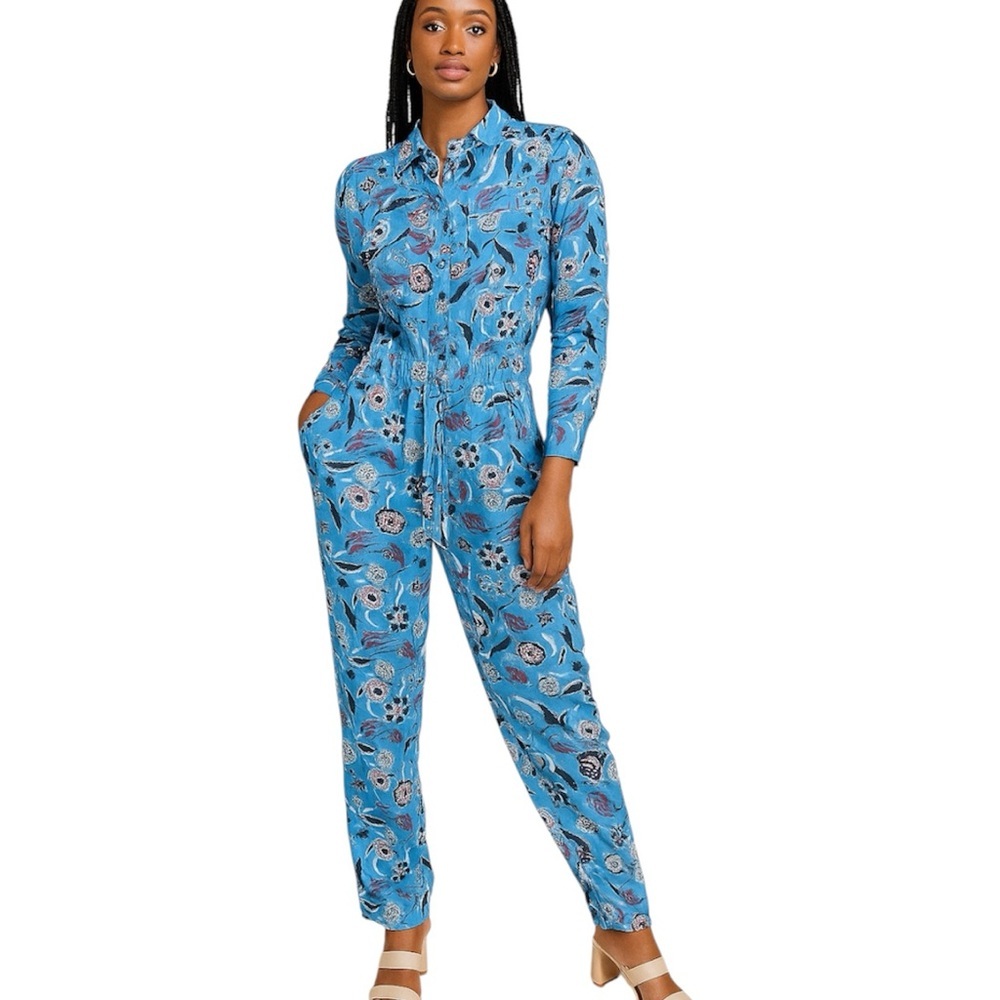 Mimi Liberte By Michel Klein Long Sleeve Printed Jumpsuit In Blue Sz 40 US L